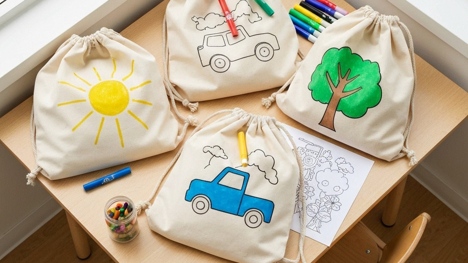 Bolsa y mochila de algodón en blanco para colorear en clase