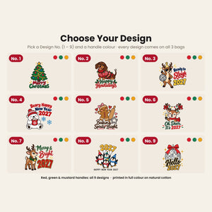 Bolsas de regalo grandes para Navidad – tote bag de algodón natural 35 × 40 cm con asas rojas, verdes o mostaza, 9 diseños de Navidad y Año Nuevo 2027 - Pamusan.es