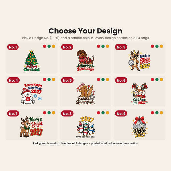 Bolsas de regalo grandes para Navidad – tote bag de algodón natural 35 × 40 cm con asas rojas, verdes o mostaza, 9 diseños de Navidad y Año Nuevo 2027 - Pamusan.es