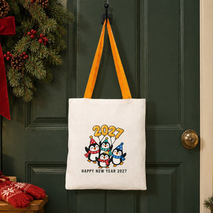 Bolsas de regalo grandes para Navidad – tote bag de algodón natural 35 × 40 cm con asas rojas, verdes o mostaza, 9 diseños de Navidad y Año Nuevo 2027 - Pamusan.es