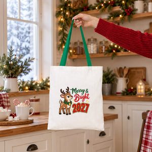 Bolsas de regalo grandes para Navidad – tote bag de algodón natural 35 × 40 cm con asas rojas, verdes o mostaza, 9 diseños de Navidad y Año Nuevo 2027 - Pamusan.es