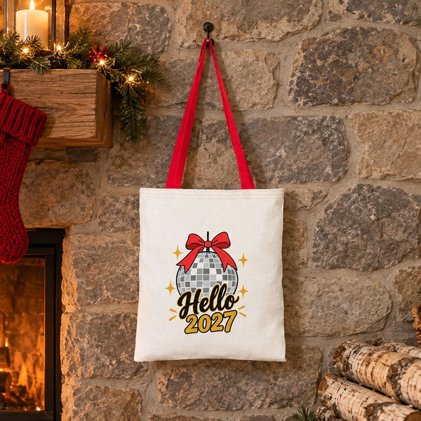Bolsas de regalo grandes para Navidad – tote bag de algodón natural 35 × 40 cm con asas rojas, verdes o mostaza, 9 diseños de Navidad y Año Nuevo 2027 - Pamusan.es