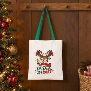 Bolsas de regalo grandes para Navidad – tote bag de algodón natural 35 × 40 cm con asas rojas, verdes o mostaza, 9 diseños de Navidad y Año Nuevo 2027 - Pamusan.es