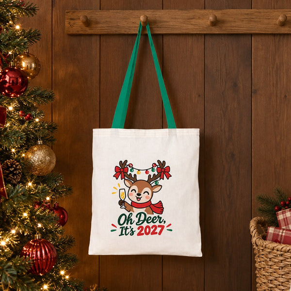 Bolsas de regalo grandes para Navidad – tote bag de algodón natural 35 × 40 cm con asas rojas, verdes o mostaza, 9 diseños de Navidad y Año Nuevo 2027 - Pamusan.es