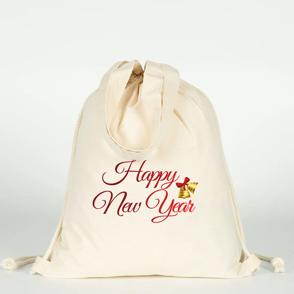 Mochila saco de Navidad con estampado Happy New Year, algodón natural – Pamusan.es