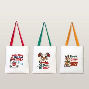 Bolsas de regalo grandes para Navidad – tote bag de algodón natural 35 × 40 cm con asas rojas, verdes o mostaza, 9 diseños de Navidad y Año Nuevo 2027 - Pamusan.es