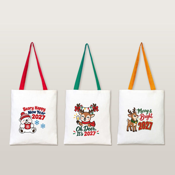 Bolsas de regalo grandes para Navidad – tote bag de algodón natural 35 × 40 cm con asas rojas, verdes o mostaza, 9 diseños de Navidad y Año Nuevo 2027 - Pamusan.es