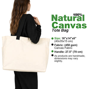 Ficha técnica de la bolsa 100 % algodón: 40 x 35 x 15 cm, loneta de 450 g/m² y asas de 70 cm