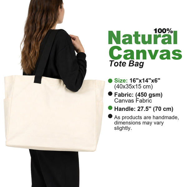 Ficha técnica de la bolsa 100 % algodón: 40 x 35 x 15 cm, loneta de 450 g/m² y asas de 70 cm