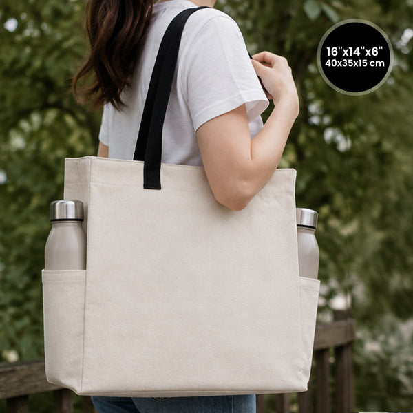 Bolsa de tela lisa de 40 x 35 x 15 cm en algodón natural con asas negras tejidas y bolsillos laterales