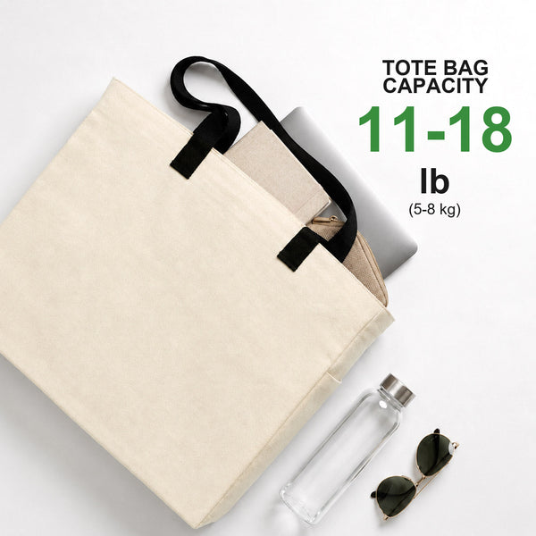 Bolsa de tela lisa con capacidad de 5-8 kg mostrada con un portátil, una botella y unas gafas de sol