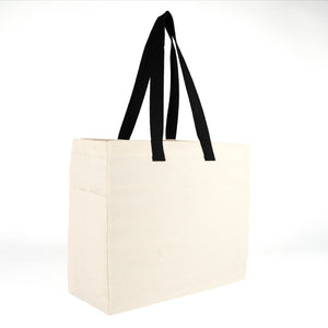 Bolsa de tela lisa vista de lado con el fuelle de 15 cm de profundidad