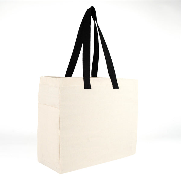 Bolsa de tela lisa vista de lado con el fuelle de 15 cm de profundidad