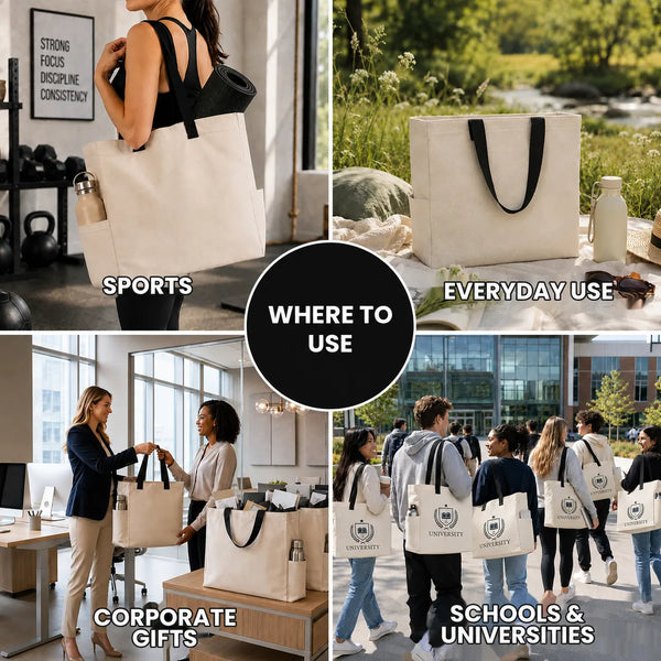 Usos de la bolsa de tela grande: deporte, uso diario, regalos de empresa, colegios y universidades