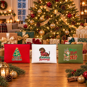 Neceser de maquillaje de Navidad – 9 diseños de Navidad y Año Nuevo 2027, con cremallera 21 × 15 cm – algodón
