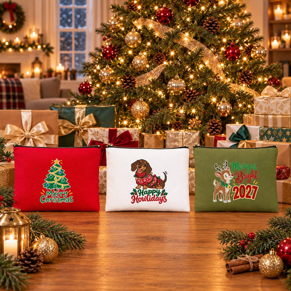 Neceser de maquillaje de Navidad – 9 diseños de Navidad y Año Nuevo 2027, con cremallera 21 × 15 cm – algodón