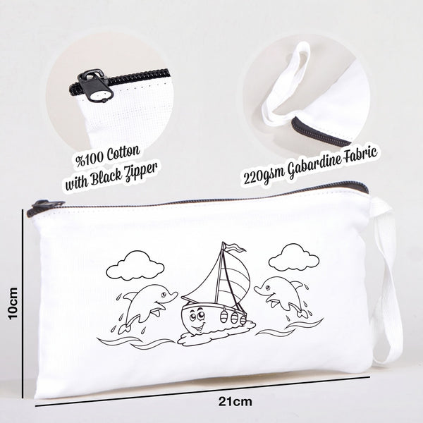 Paintable Pencil Case with Sailboat & Dolphin Design – 8" × 4" - 6 oz - Pamusan.com
