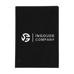Black canvas notebook with a white printed company logo – one-side cover printing example | Pamusan.com