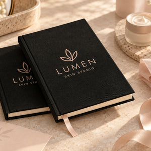 Black canvas notebooks printed with a skincare studio logo – branded notebook example | Pamusan.com