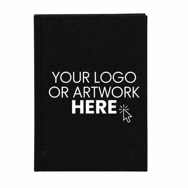 Black canvas notebook front cover with your logo or artwork placeholder – custom logo notebook | Pamusan.com