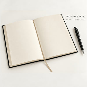 Open black canvas notebook showing 90 gsm cream paper, 80 sheets / 160 pages | Pamusan.com