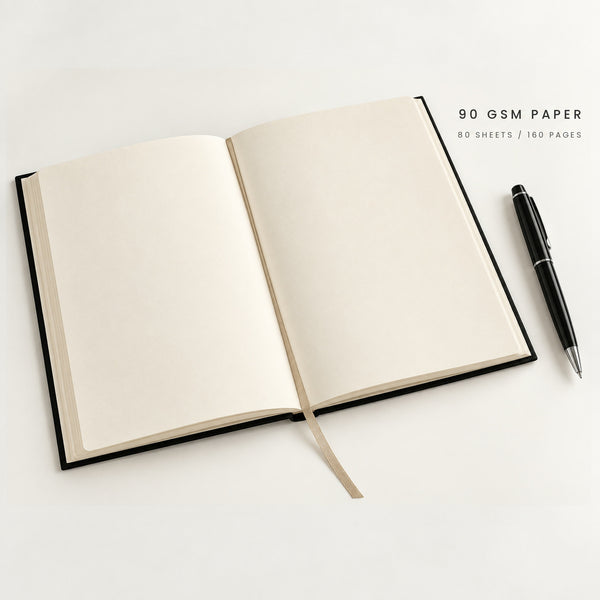 Open black canvas notebook showing 90 gsm cream paper, 80 sheets / 160 pages | Pamusan.com