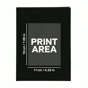 Custom print area on black canvas notebook front cover: 7.1 x 4.3 in (18 x 11 cm) | Pamusan.com