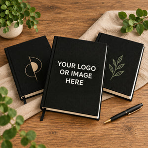 Three black canvas notebooks with custom logo and image printing examples | Pamusan.com