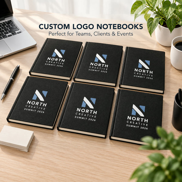 Custom logo black notebooks arranged as corporate gifts for teams, clients and events | Pamusan.com