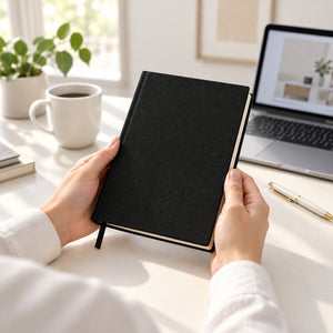 Hands holding a blank black canvas notebook in an office | Pamusan.com