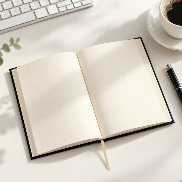 Open black canvas journal with unlined cream pages, ribbon bookmark, pen and coffee on a desk | Pamusan.com