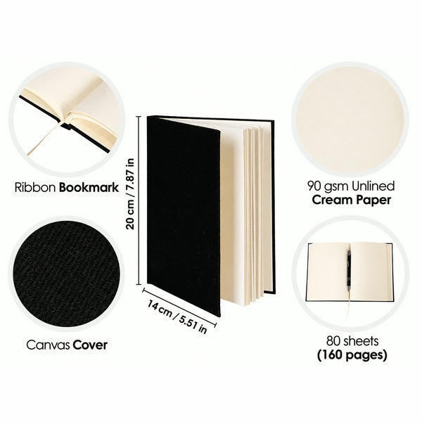 Black canvas notebook specs: ribbon bookmark, 90 gsm cream paper, 80 sheets (160 pages), 7.9 x 5.5 in (20 x 14 cm) | Pamusan.com