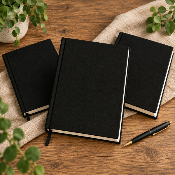 Three plain black canvas notebooks without print on a wood table | Pamusan.com