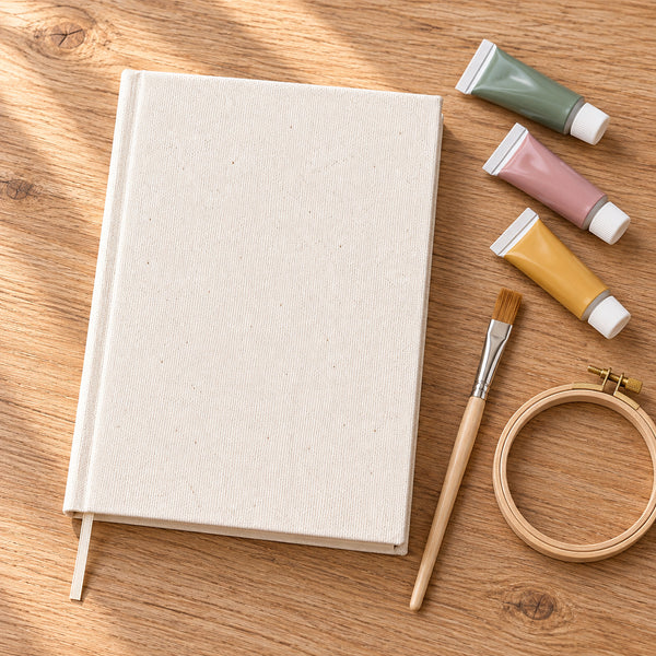 Blank canvas notebook on a craft table with fabric paint, brush and embroidery hoop – ready for DIY decoration | Pamusan.com