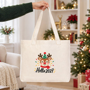 Christmas Canvas Tote Bags Bulk – 18" × 14" × 3" (45 × 35 × 8 cm) with Beige, Red or Black Knitted Handles, 9 Happy New Year 2027 Designs - Pamusan.com