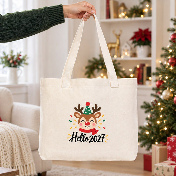 Christmas Canvas Tote Bags Bulk – 18" × 14" × 3" (45 × 35 × 8 cm) with Beige, Red or Black Knitted Handles, 9 Happy New Year 2027 Designs - Pamusan.com