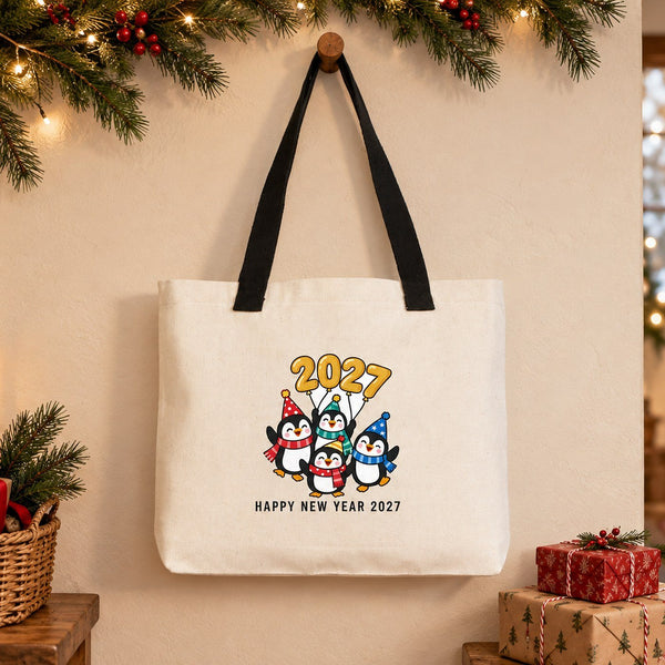 Christmas Canvas Tote Bags Bulk – 18" × 14" × 3" (45 × 35 × 8 cm) with Beige, Red or Black Knitted Handles, 9 Happy New Year 2027 Designs - Pamusan.com