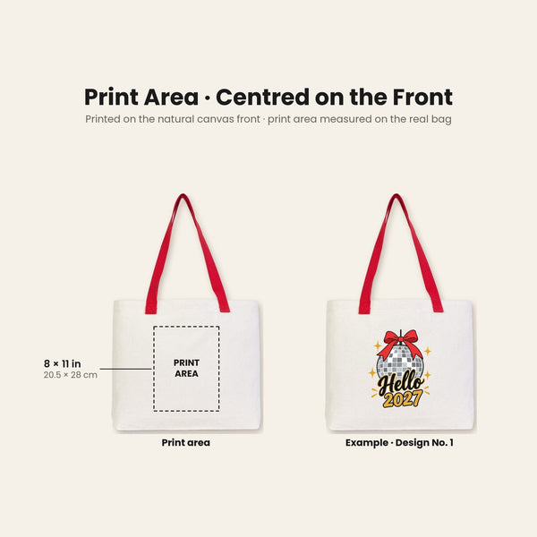 Christmas Canvas Tote Bags Bulk – 18" × 14" × 3" (45 × 35 × 8 cm) with Beige, Red or Black Knitted Handles, 9 Happy New Year 2027 Designs - Pamusan.com