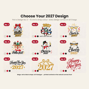 Christmas Canvas Tote Bags Bulk – 18" × 14" × 3" (45 × 35 × 8 cm) with Beige, Red or Black Knitted Handles, 9 Happy New Year 2027 Designs - Pamusan.com