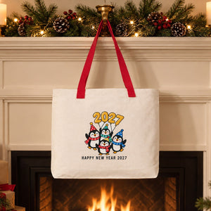 Christmas Canvas Tote Bags Bulk – 18" × 14" × 3" (45 × 35 × 8 cm) with Beige, Red or Black Knitted Handles, 9 Happy New Year 2027 Designs - Pamusan.com