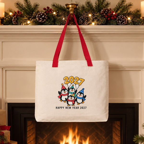 Christmas Canvas Tote Bags Bulk – 18" × 14" × 3" (45 × 35 × 8 cm) with Beige, Red or Black Knitted Handles, 9 Happy New Year 2027 Designs - Pamusan.com