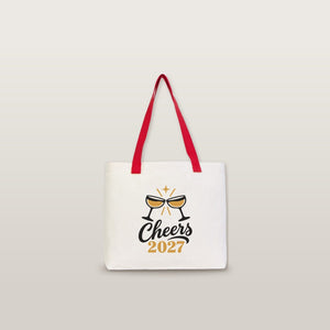 Christmas Canvas Tote Bags Bulk – 18" × 14" × 3" (45 × 35 × 8 cm) with Beige, Red or Black Knitted Handles, 9 Happy New Year 2027 Designs - Pamusan.com