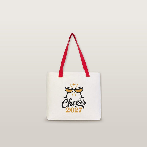 Christmas Canvas Tote Bags Bulk – 18" × 14" × 3" (45 × 35 × 8 cm) with Beige, Red or Black Knitted Handles, 9 Happy New Year 2027 Designs - Pamusan.com