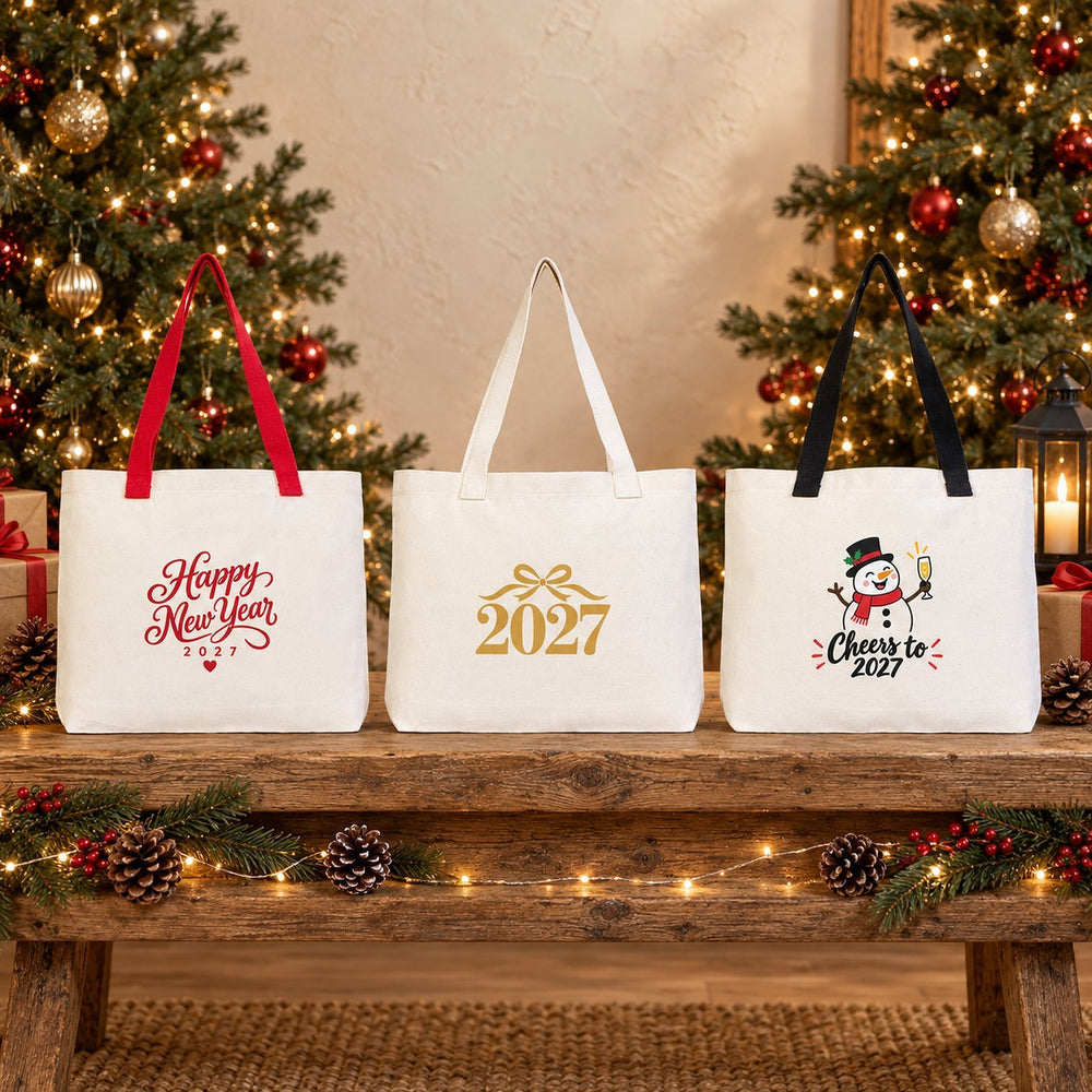 Christmas Canvas Tote Bags Bulk – 18" × 14" × 3" (45 × 35 × 8 cm) with Beige, Red or Black Knitted Handles, 9 Happy New Year 2027 Designs - Pamusan.com