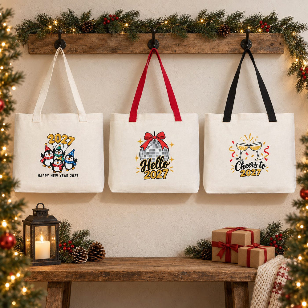 Christmas Canvas Tote Bags Bulk – 18" × 14" × 3" (45 × 35 × 8 cm) with Beige, Red or Black Knitted Handles, 9 Happy New Year 2027 Designs - Pamusan.com