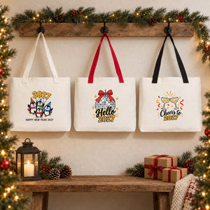 Christmas Canvas Tote Bags Bulk – 18" × 14" × 3" (45 × 35 × 8 cm) with Beige, Red or Black Knitted Handles, 9 Happy New Year 2027 Designs - Pamusan.com