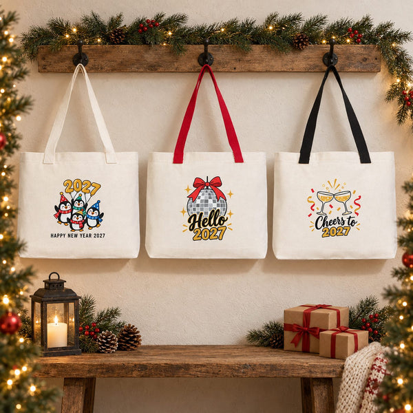 Christmas Canvas Tote Bags Bulk – 18" × 14" × 3" (45 × 35 × 8 cm) with Beige, Red or Black Knitted Handles, 9 Happy New Year 2027 Designs - Pamusan.com