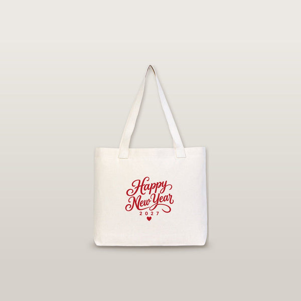 Christmas Canvas Tote Bags Bulk – 18" × 14" × 3" (45 × 35 × 8 cm) with Beige, Red or Black Knitted Handles, 9 Happy New Year 2027 Designs - Pamusan.com