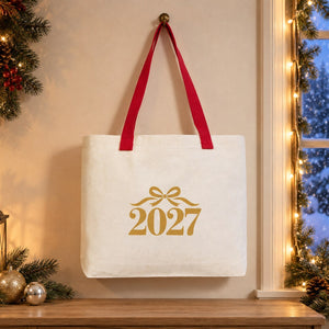 Christmas Canvas Tote Bags Bulk – 18" × 14" × 3" (45 × 35 × 8 cm) with Beige, Red or Black Knitted Handles, 9 Happy New Year 2027 Designs - Pamusan.com