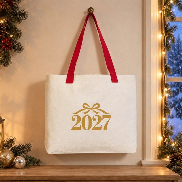 Christmas Canvas Tote Bags Bulk – 18" × 14" × 3" (45 × 35 × 8 cm) with Beige, Red or Black Knitted Handles, 9 Happy New Year 2027 Designs - Pamusan.com